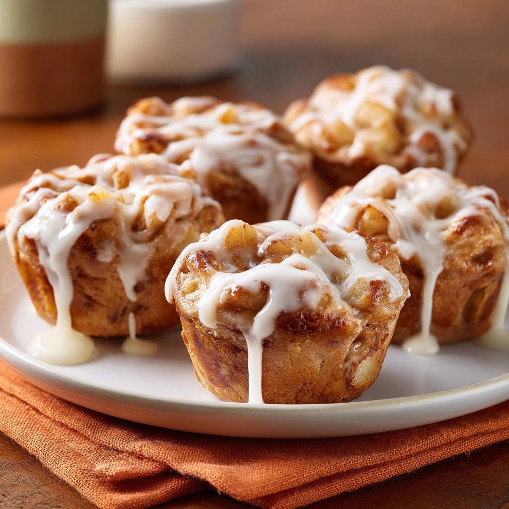Saftige Apfel Zimt Muffins Mit Glasur Serviert 1 Saftige Apfel-Zimt-Muffins mit cremiger Glasur serviert, die auf einem weißen Teller präsentiert werden. Die köstlichen Muffins sind ein wahrer Genuss.