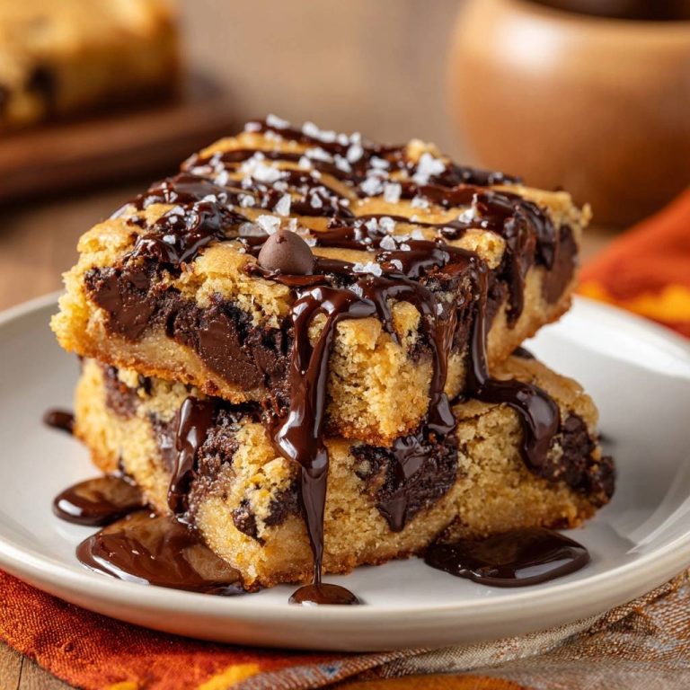Saftige Chocolate Chip Blondies in Nahaufnahme, üppig mit geschmolzener Schokoladensauce beträufelt und mit grobem Meersalz bestreut.
