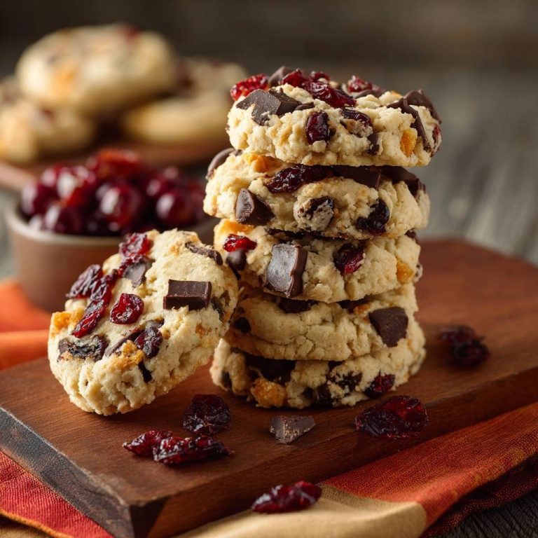 Saftige Cranberry-Schoko-Cookies in einem appetitlichen Stapel auf einem Holzbrett präsentiert, garniert mit getrockneten Cranberries.