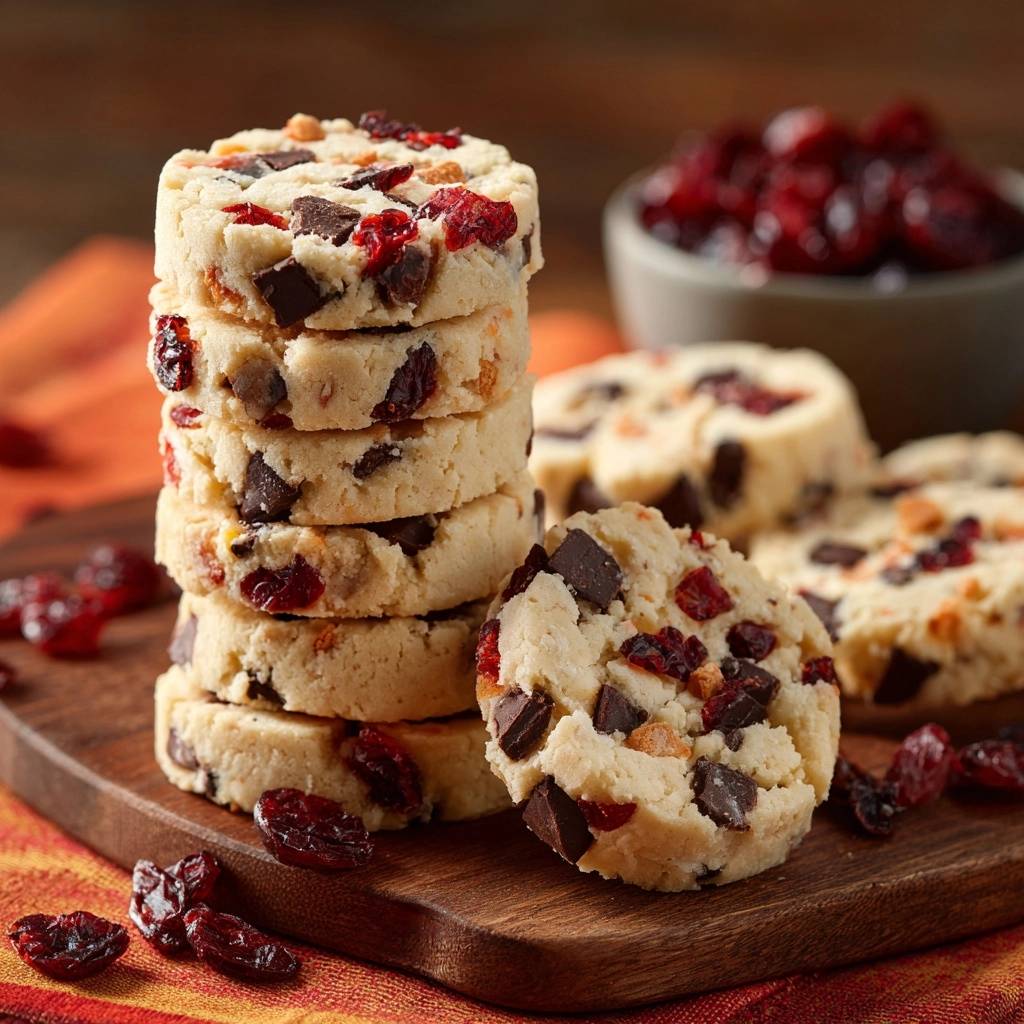 Saftige Cranberry Schoko Cookies Stapel 1 Saftige Cranberry-Schoko-Cookies in einem Stapel präsentiert, mit getrockneten Cranberries und Schokostückchen bestückt, auf einem Holzbrett serviert.