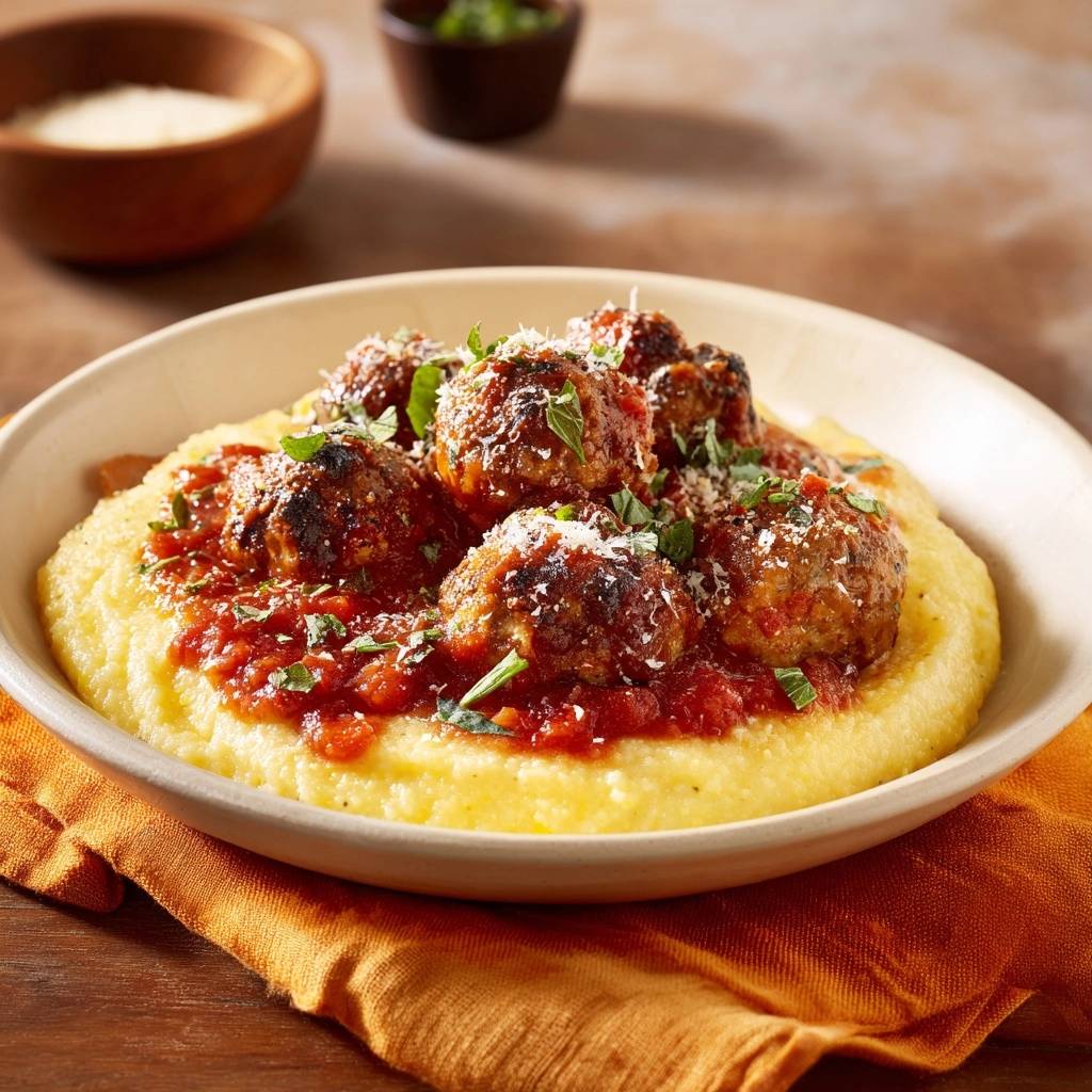 Saftige Fleischbaellchen Auf Cremiger Polenta Draufsicht 1 Saftige Fleischbällchen auf cremiger Polenta in einer Nahaufnahme, garniert mit frischen Kräutern und geriebenem Käse. Dieses Gericht ist ein wahrer Genuss.