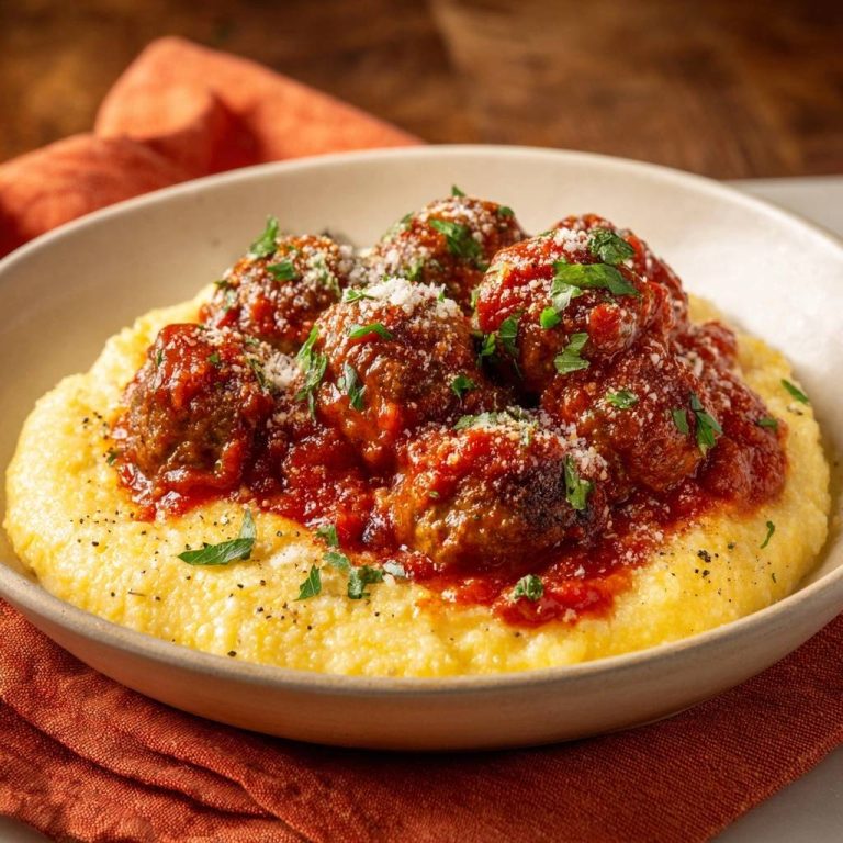 Saftige Fleischbällchen auf cremiger Polenta in einer Nahaufnahme von oben serviert, garniert mit frischer Petersilie und geriebenem Käse.