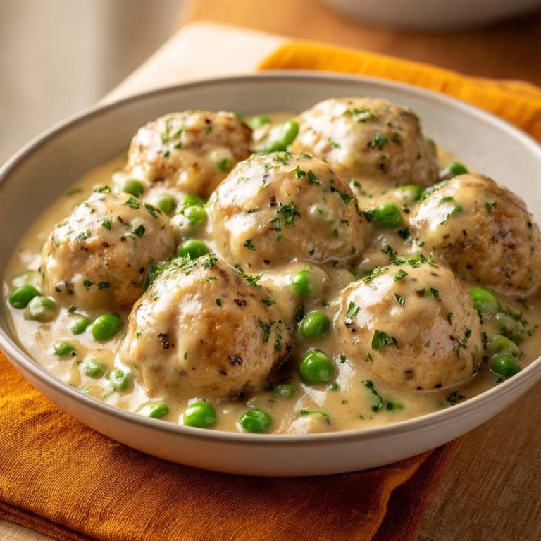 Saftige Geflügelbällchen in Erbsenrahm in einer Nahaufnahme, serviert mit cremiger Sauce und frischen Erbsen in einer Schüssel.
