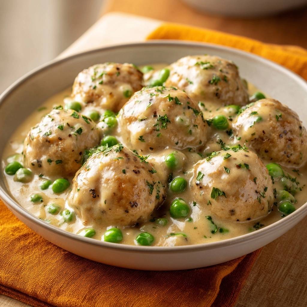 Saftige Geflügelbällchen in Erbsenrahm in einer Nahaufnahme, serviert mit cremiger Sauce und frischen Erbsen in einer Schüssel.
