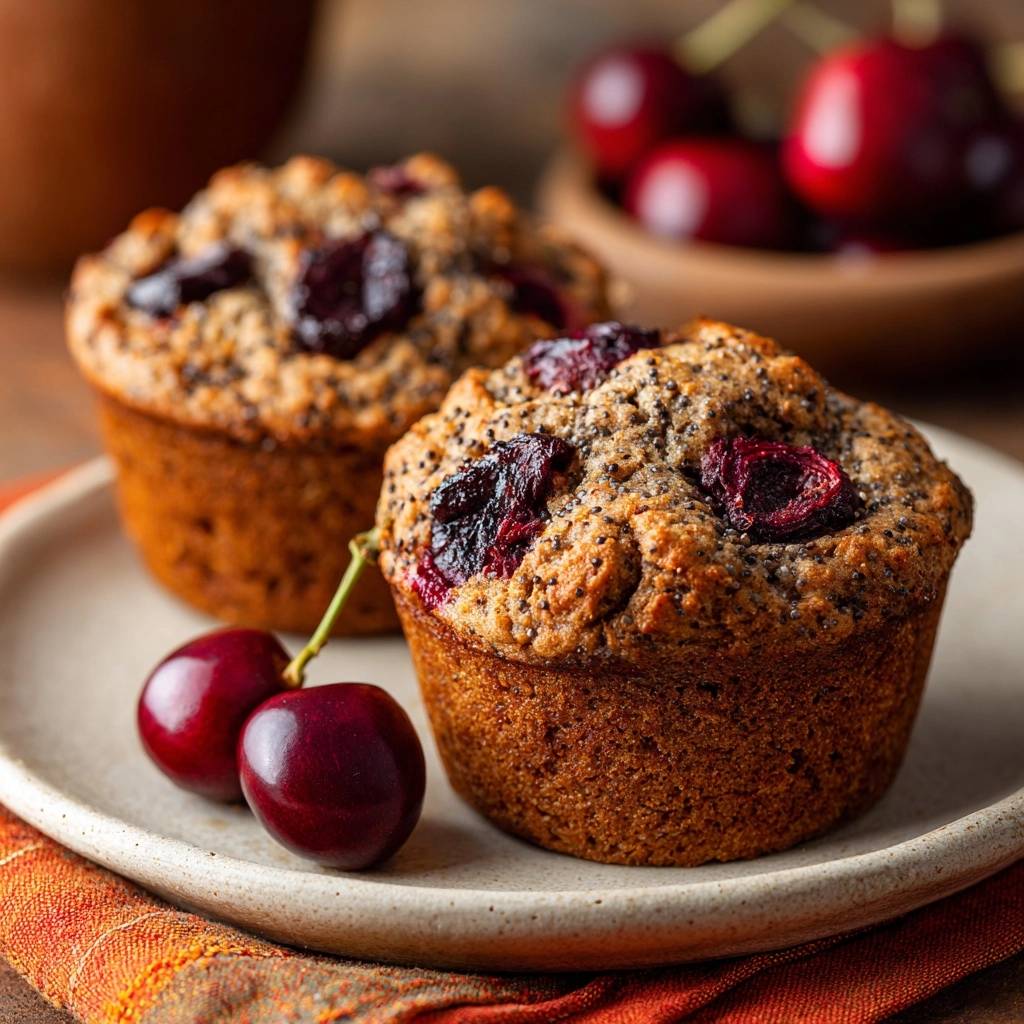 Saftige Kirsch Mohn Muffins Nahaufnahme Serviert 1 Saftige Kirsch-Mohn-Muffins in Nahaufnahme serviert, mit frischen Kirschen dekoriert und auf einem Teller angerichtet.