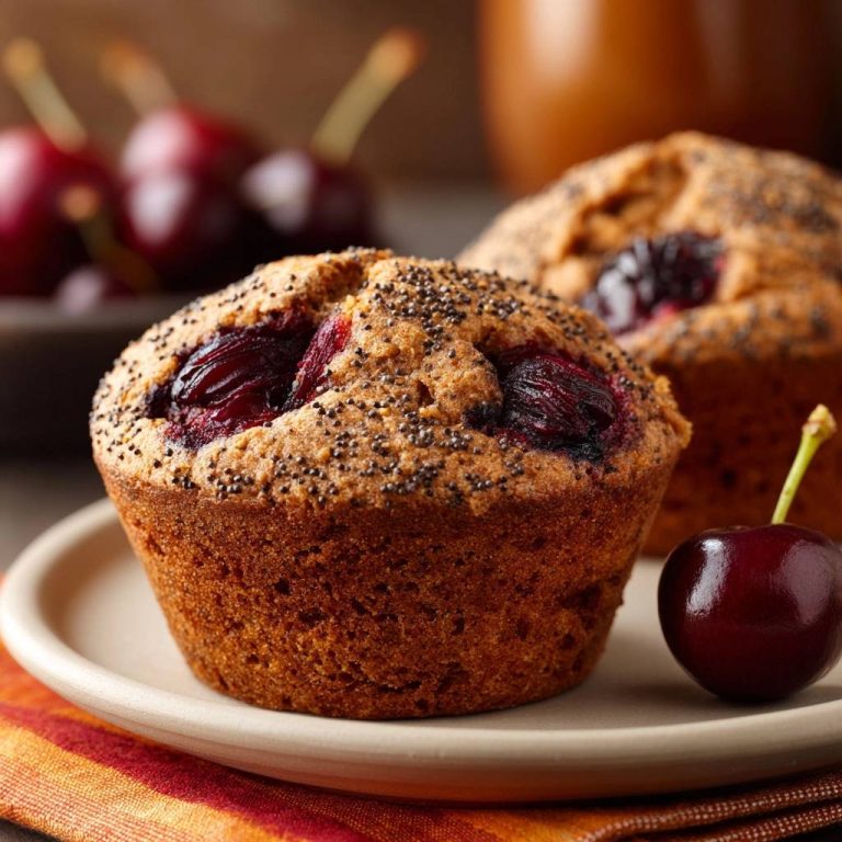 Saftige Kirsch-Mohn-Muffins serviert auf einem Teller. Köstliche Muffins mit Kirschen und Mohnsamen, perfekt für eine süße Leckerei.