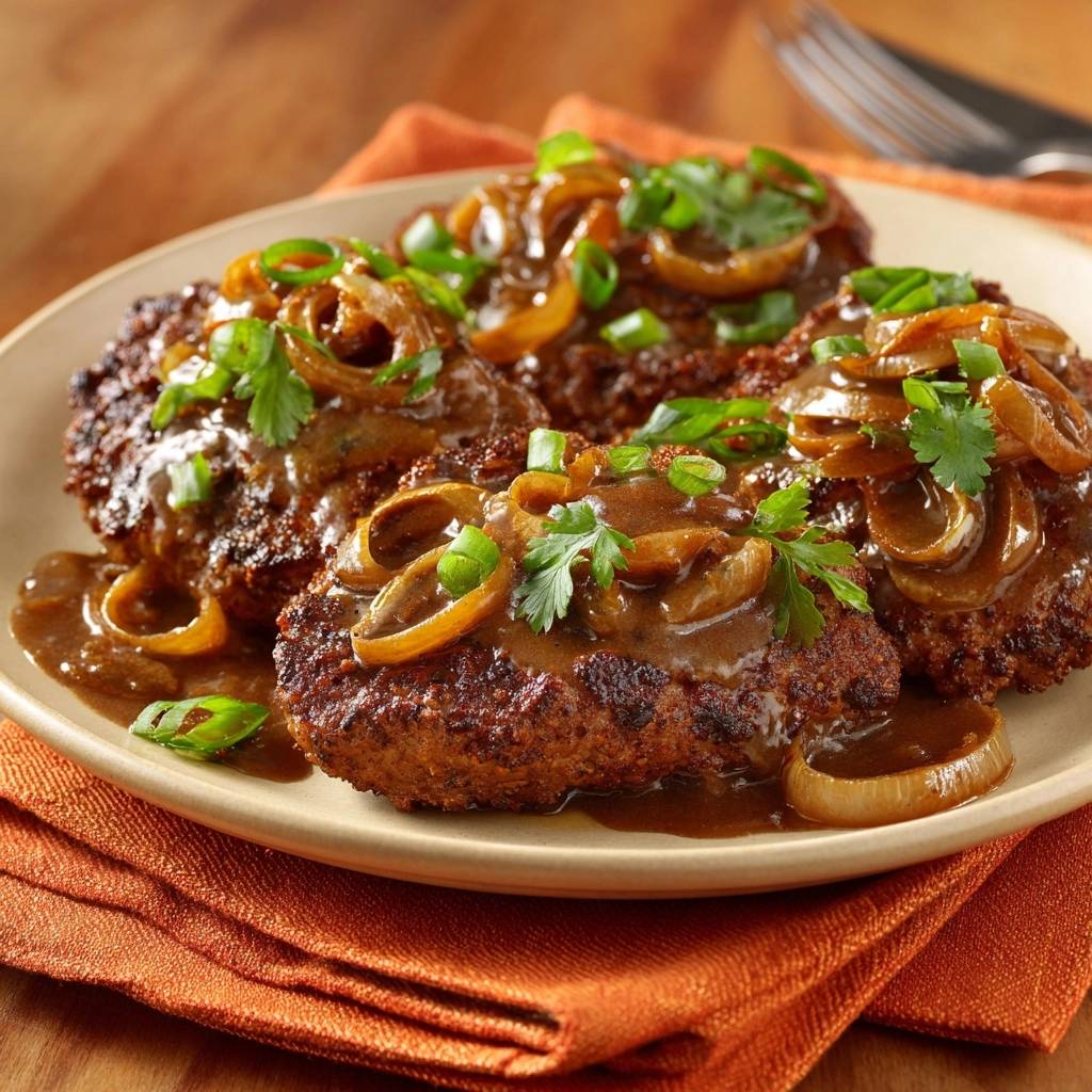 Saftige Rinder Hackpatties Mit Zwiebelso Serviert 1 Saftige Rinder-Hackpatties mit Zwiebelsoße serviert auf einem Teller, garniert mit frischen Kräutern und Zwiebelringen.