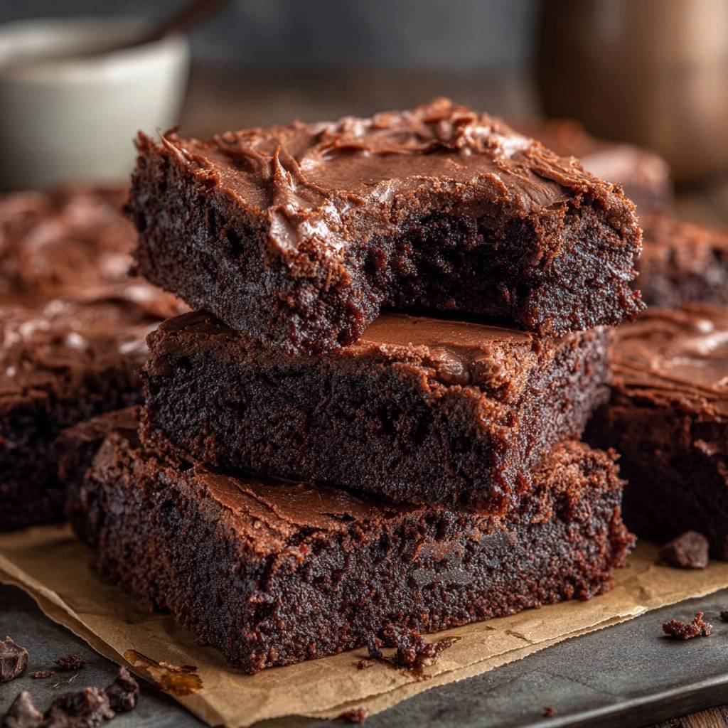 Saftige Schokoladen Brownies Gestapelt Mit Frosting 1 Saftige Schokoladen-Brownies in einem Stapel, mit cremigem Schokoladen-Frosting und einem angebissenen Stück. Diese selbstgemachten Brownies sind einfach unwiderstehlich.