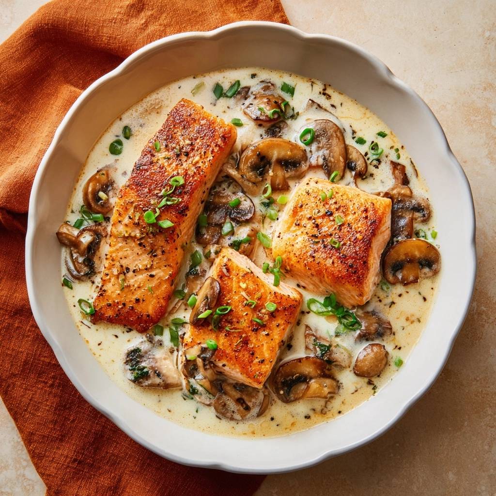 Saftiger Lachs Cremiger Pilzsoe Draufsicht 1 Saftiger Lachs in cremiger Pilzsoße, serviert in einer Schüssel, mit einer köstlichen cremigen Soße und frischen Kräutern garniert.
