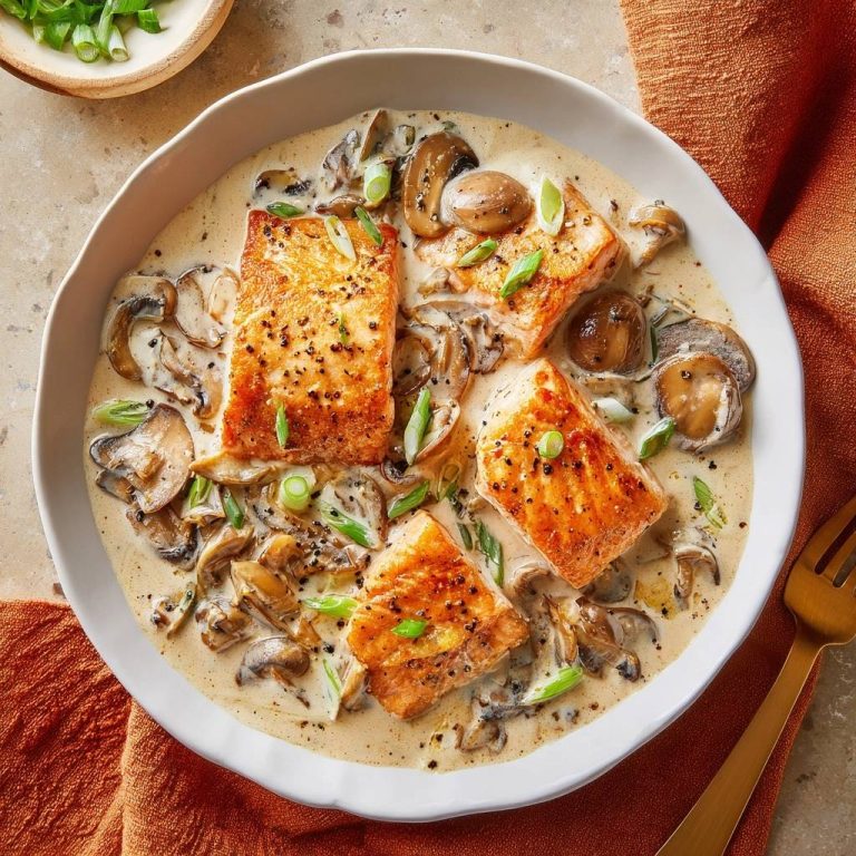 Saftiger Lachs in cremiger Pilzsoße in einer Draufsicht, garniert mit frischen Kräutern und serviert in einer cremigen Soße.