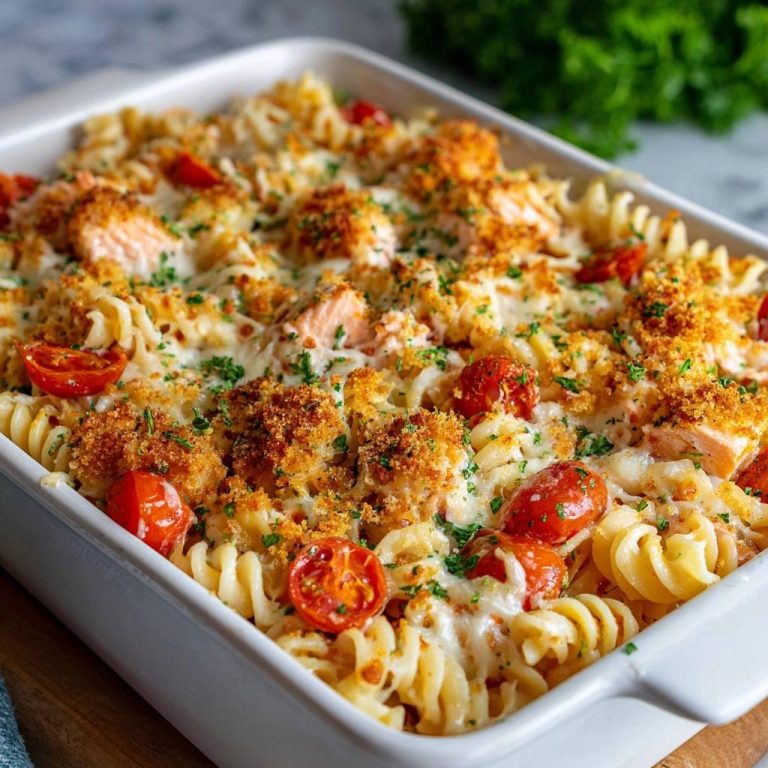 Saftiger Lachs-Fusilli-Auflauf, serviert in einer Auflaufform, mit goldbraunen Krusten, Tomaten und frischer Petersilie garniert.