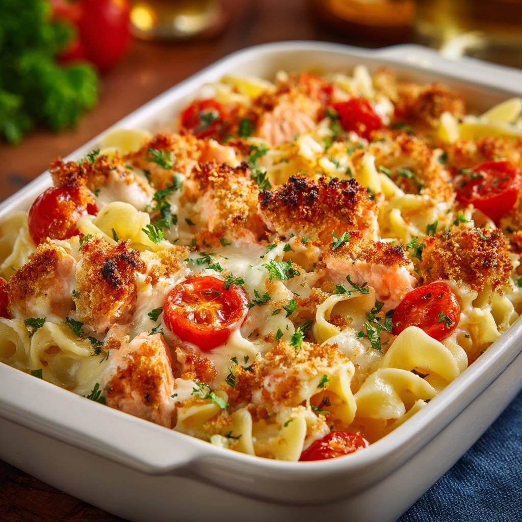 Saftiger Lachs Fusilli Auflauf Nahaufnahme 1 Saftiger Lachs-Fusilli-Auflauf in der Nahaufnahme: knusprig gebackener Lachs mit saftigen Tomaten und cremiger Sauce, serviert in einer Auflaufform.