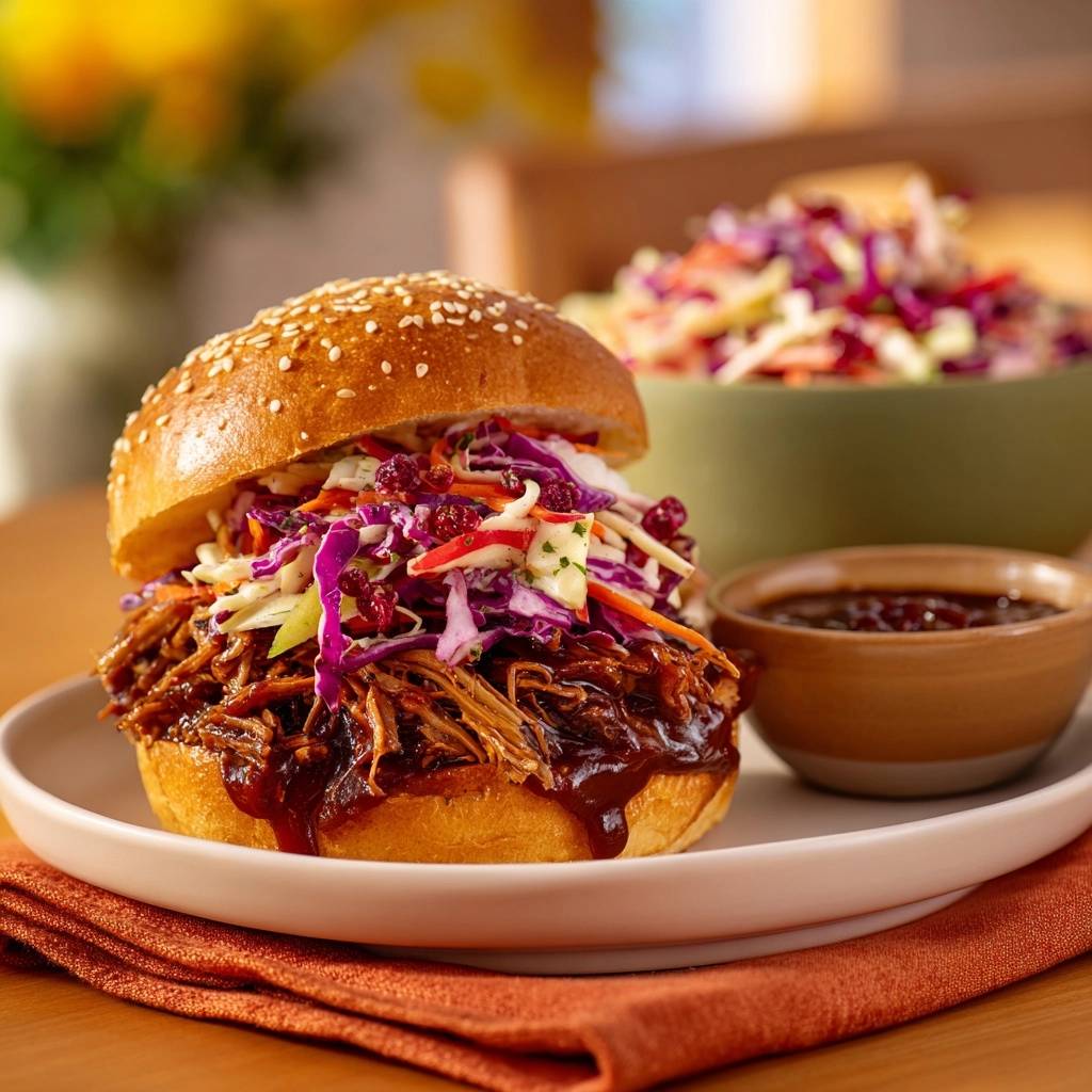 Saftiger Pulled Chicken Burger Serviert 1 Saftiger Pulled Chicken Burger serviert auf einem Teller mit Krautsalat und BBQ-Soße, ein köstliches Gericht.