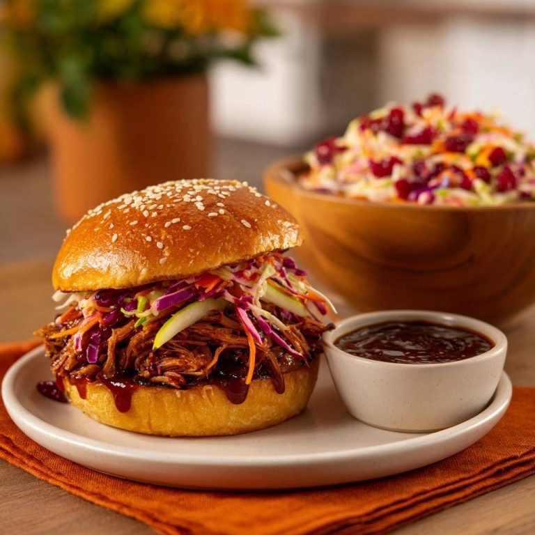 Saftiger Pulled Chicken Burger serviert auf einem Teller mit Krautsalat und BBQ-Soße, ein köstliches Mittagessen.