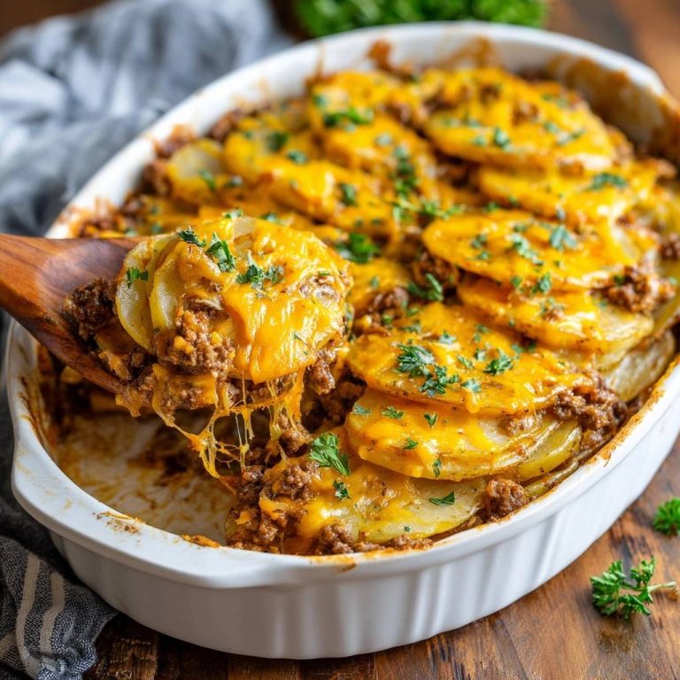 Saftiger Rinderhack-Kartoffel-Auflauf, serviert auf einem Holzlöffel, mit geschmolzenem Käse, der sich zieht.