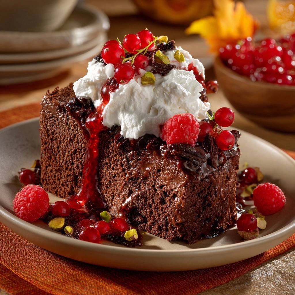 Saftiger Schokoladenkuchen Mit Beeren Serviert 1 Saftiger Schokoladenkuchen mit Beeren serviert auf einem Teller, garniert mit frischen Himbeeren, Johannisbeeren und Pistazien.