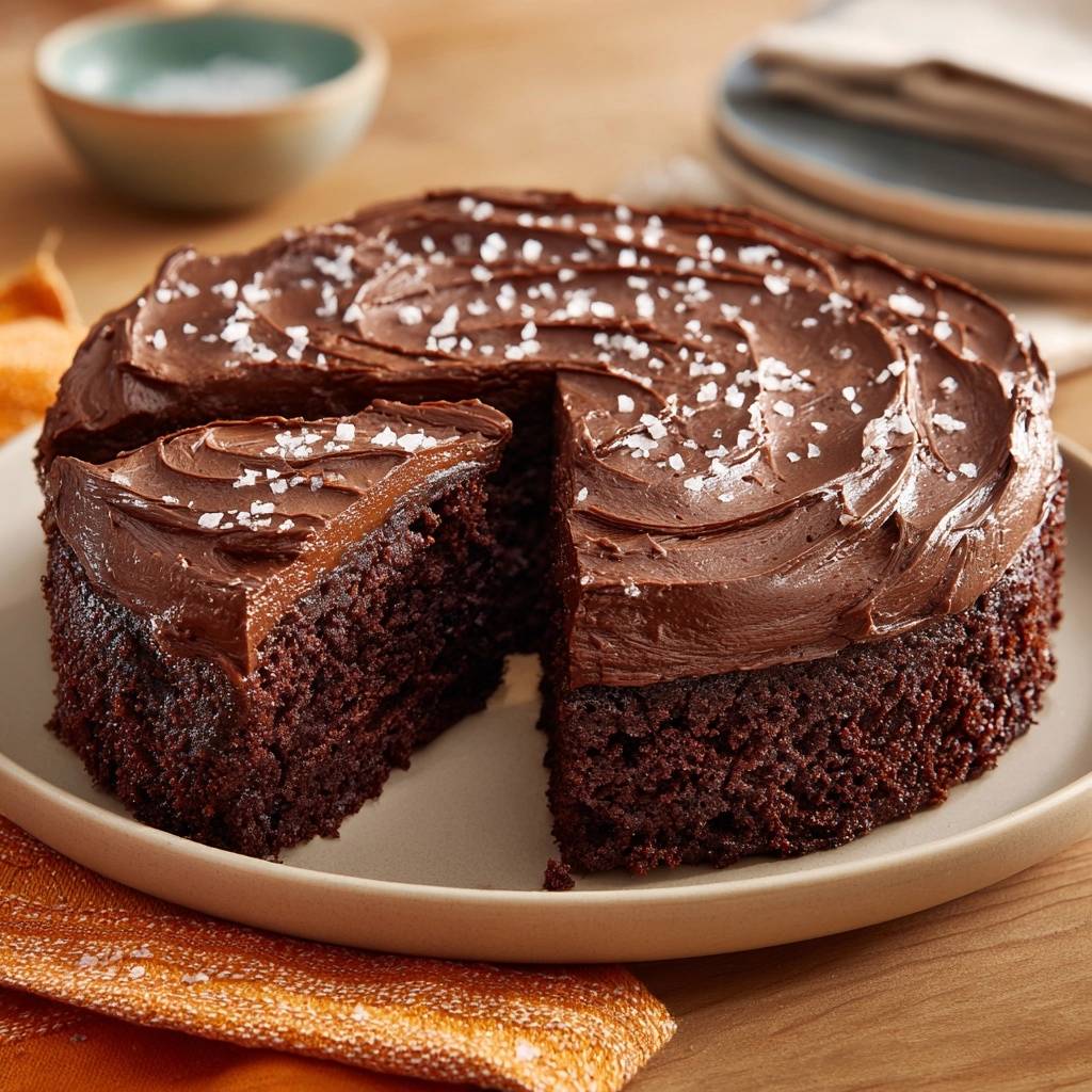 Saftiger Schokoladenkuchen Mit Meersalz Ganache Querschnitt 1 Saftiger Schokoladenkuchen mit Meersalz-Ganache, serviert mit einem angeschnittenen Stück, das die lockere, saftige Textur des Kuchens zeigt.