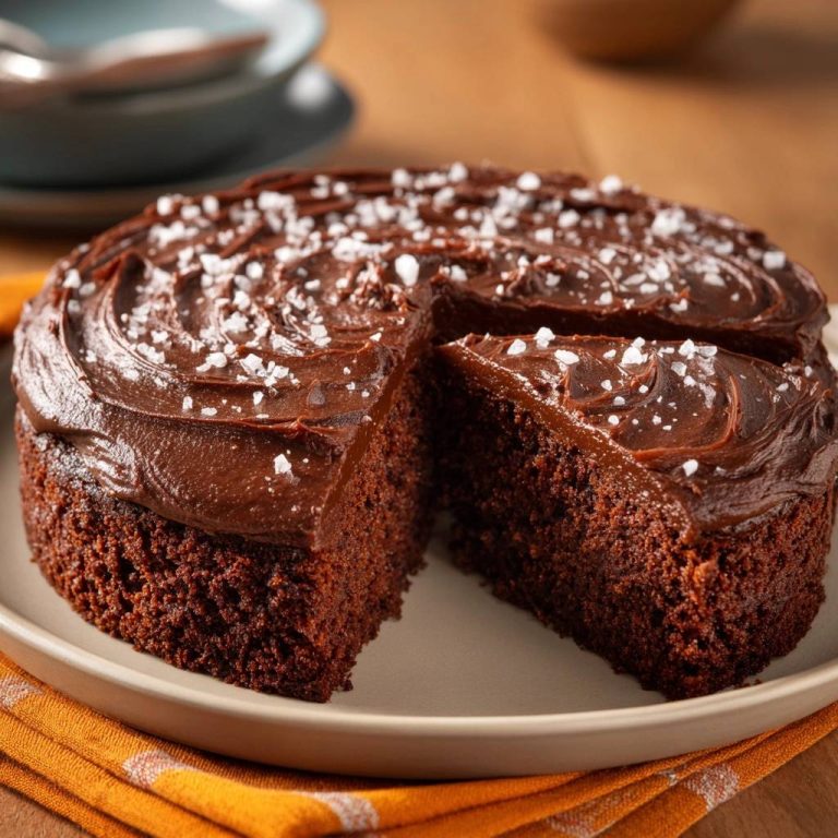 Saftiger Schokoladenkuchen mit Meersalz-Ganache, ein Stück herausgeschnitten, zeigt die saftige Textur und die köstliche Ganache-Glasur.