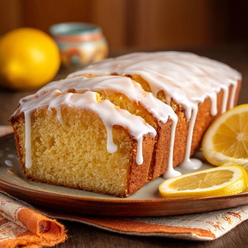 Saftiger Zitronenloaf Querschnitt Glocke 1 Saftiger Zitronenloaf mit Zuckerguss. Eine Nahaufnahme zeigt den saftigen, aufgeschnittenen Kuchen mit seiner perfekten Textur.