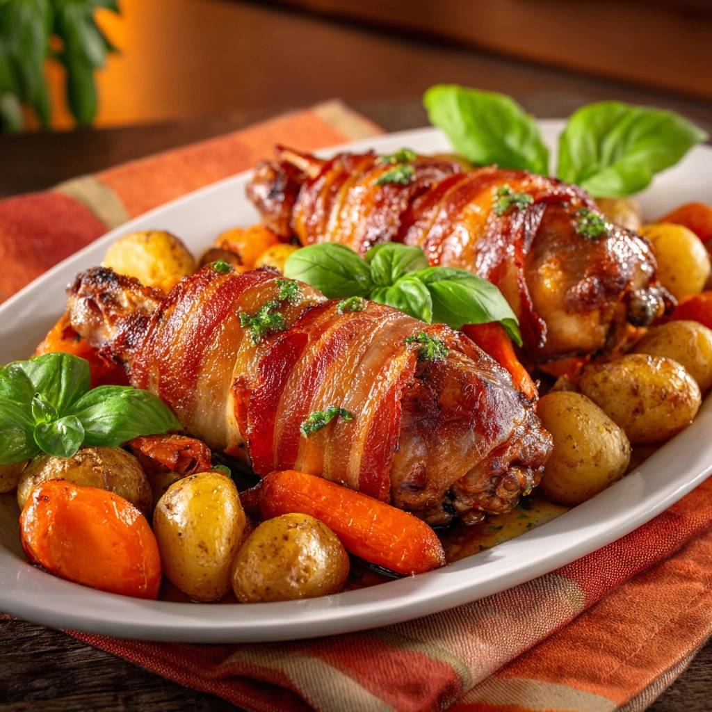 Saftiges Bacon Huhn Mit Roestgemuese Serviert 1 Saftiges Bacon-Hähnchen mit Röstgemüse serviert auf einem Teller, garniert mit frischen Basilikumblättern und Röstkartoffeln.