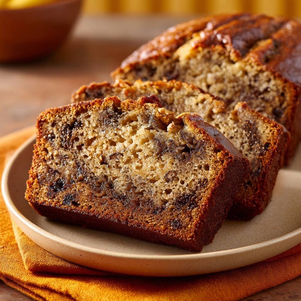 Saftiges Bananen Walnuss Brot Querschnitt 1 Saftiges Bananen-Walnuss-Brot zeigt hier einen detaillierten Querschnitt, der die saftige Textur und die Walnüsse im Inneren offenbart.
