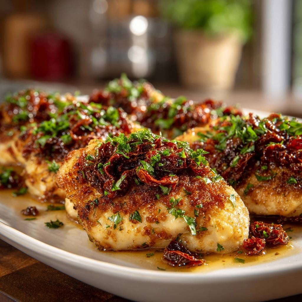 Saftiges Huhnchen Mit Getrockneten Tomaten Serviert 1 Saftiges Hähnchen mit getrockneten Tomaten serviert auf einem weißen Teller, garniert mit frischer Petersilie und getrockneten Tomaten.