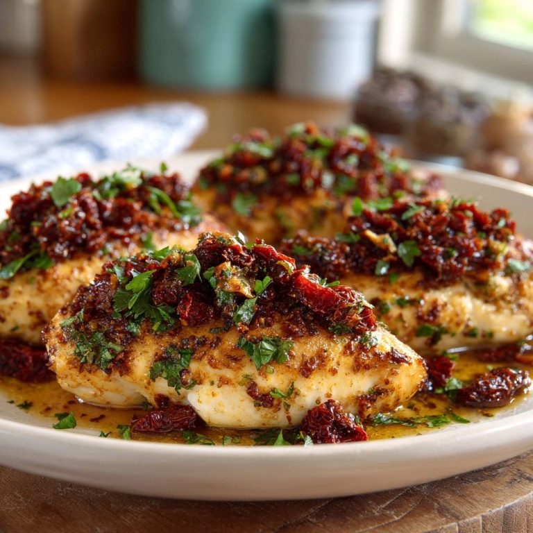 Saftiges Hähnchen mit getrockneten Tomaten serviert auf einem weißen Teller, garniert mit frischer Petersilie und getrockneten Tomaten.
