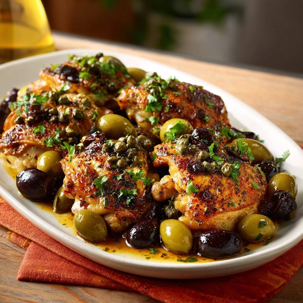 Saftiges Kraeuterhaehnchen Mit Oliven Draufsicht 1 Saftiges Kräuterhähnchen mit Oliven, serviert auf einem weißen Teller, präsentiert eine appetitliche Draufsicht des köstlichen Gerichts.