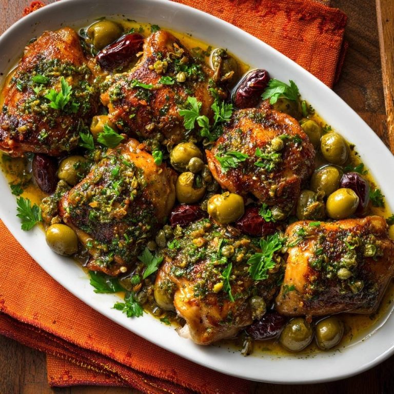 Saftiges Kräuterhähnchen mit Oliven & Tomaten in einer weißen Schüssel von oben gesehen, serviert mit grünen Oliven und frischen Kräutern.