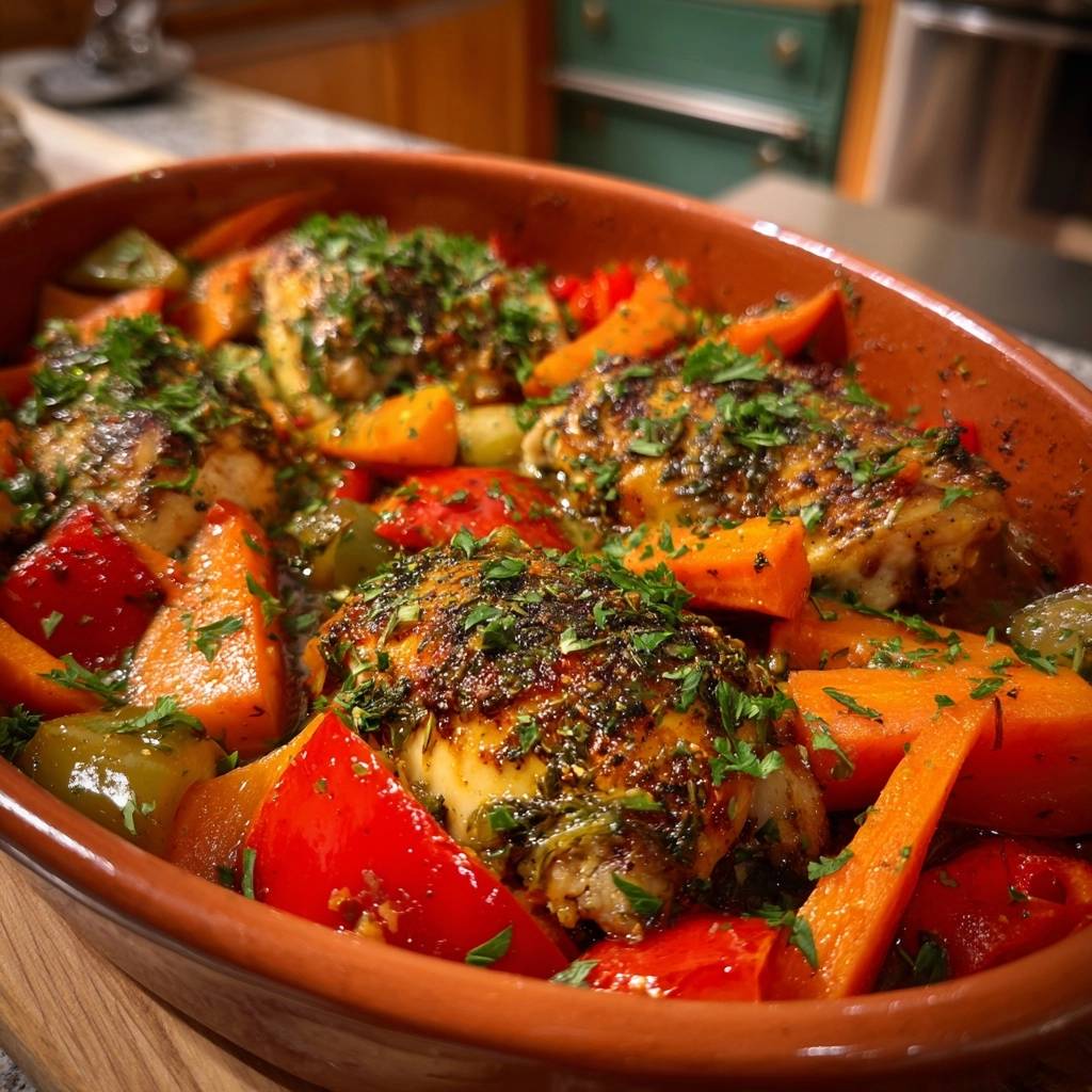 Saftiges Ofenhahnchen Mit Paprika Karotten Draufsicht 1 Saftiges Ofenhähnchen mit Paprika-Karotten in einer Auflaufform, garniert mit frischer Petersilie, aus der Vogelperspektive gesehen.