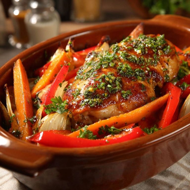 Saftiges Ofenhähnchen mit Paprika-Karotten in Nahaufnahme, perfekt zubereitet in einer Auflaufform mit buntem Gemüse und frischen Kräutern.