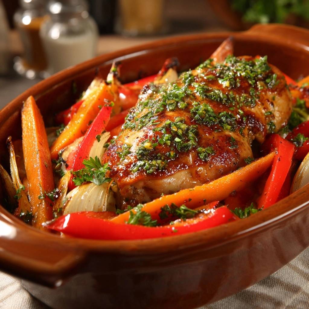 Saftiges Ofenhähnchen mit Paprika-Karotten in Nahaufnahme, perfekt zubereitet in einer Auflaufform mit buntem Gemüse und frischen Kräutern.