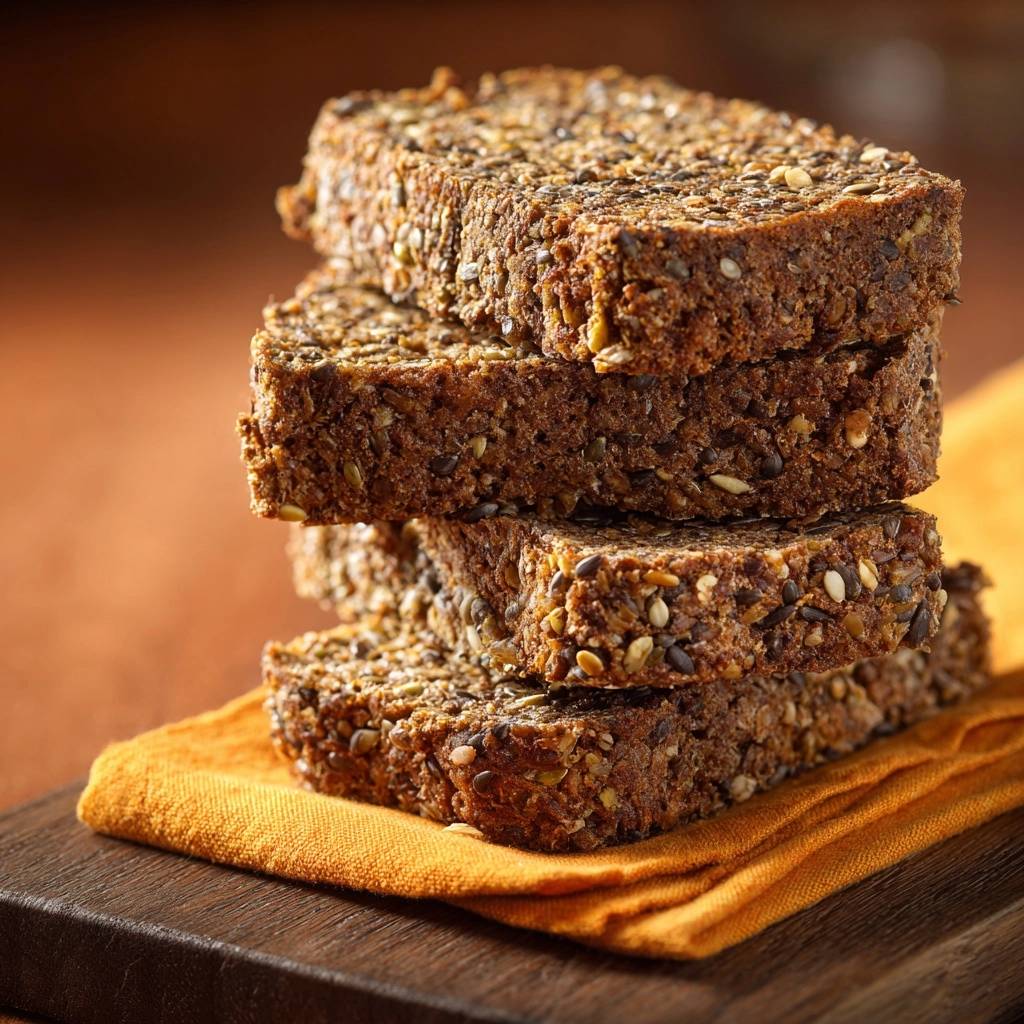Saftiges Vollkorn Kernbrot Querschnitt Nahaufnahme 1 Saftiges Vollkorn-Kernbrot präsentiert eine Nahaufnahme des Schnitts, der die Textur dieses kernigen Brotes zeigt. Die Scheiben liegen auf einem gelben Tuch.