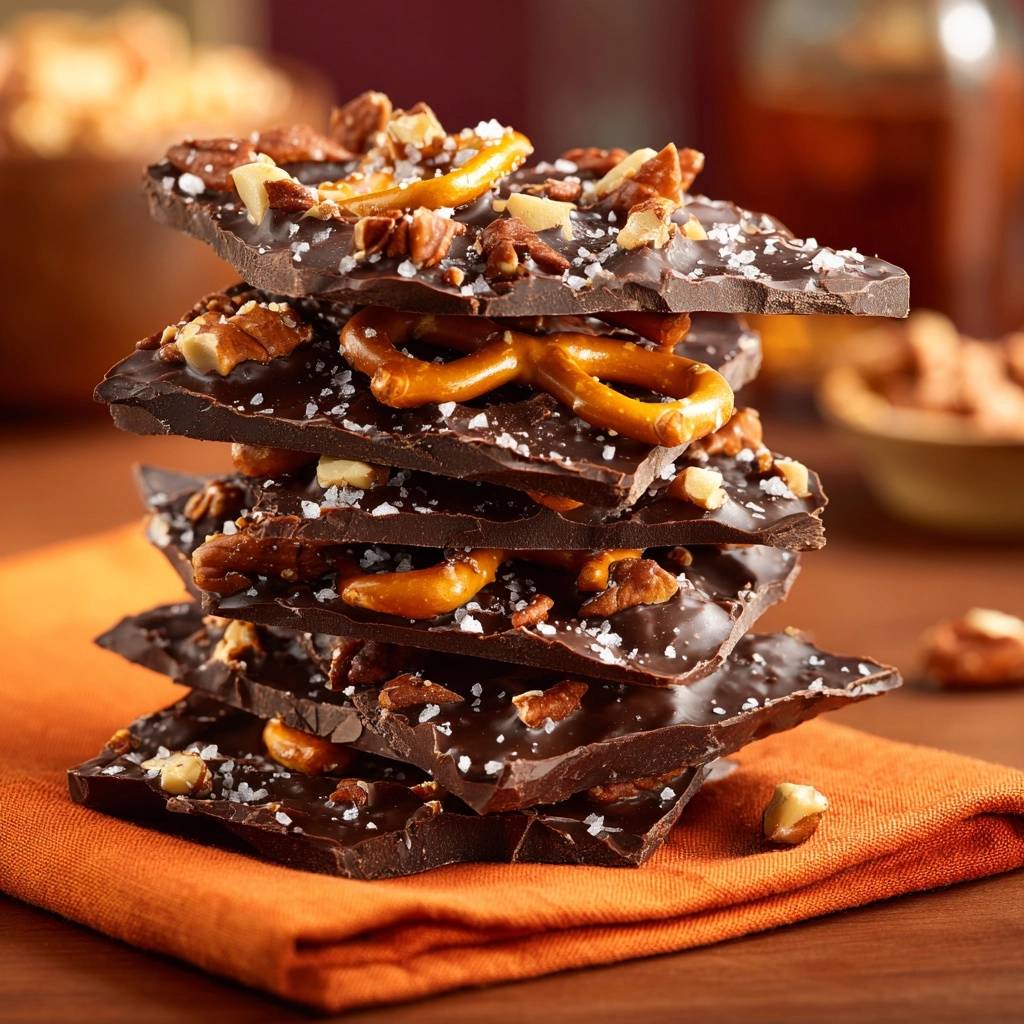 Salzig Suesse Schokoladen Brezel Bark Nahaufnahme 1 Salzig-süße Schokoladen-Brezel-Bark in Nahaufnahme gestapelt, mit Brezeln, Nüssen und grobem Salz auf dunkler Schokolade.