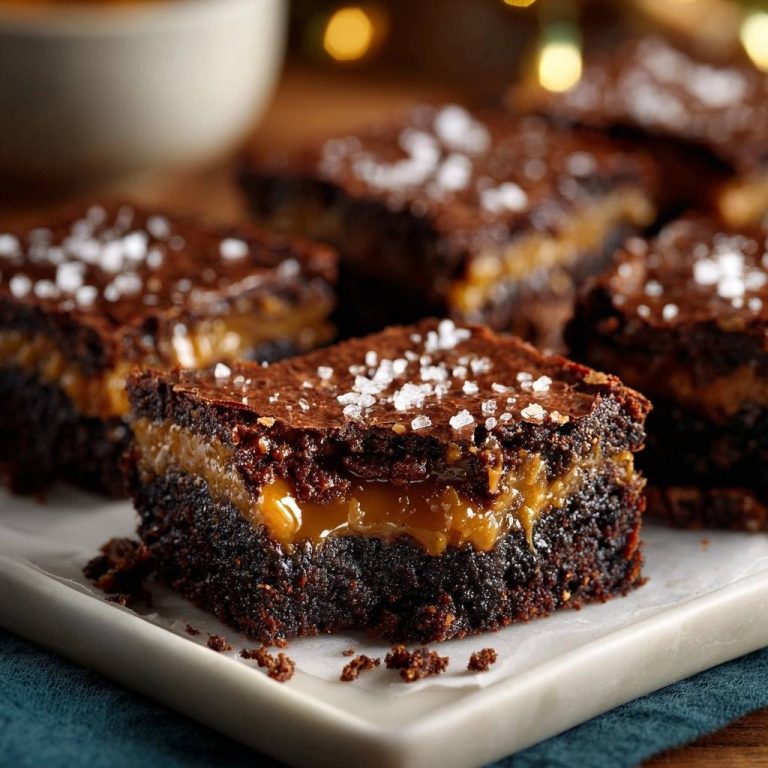 Salzkaramell-Brownies in Nahaufnahme, mit einem Blick auf die geschmolzene Karamellschicht zwischen dem saftigen Brownie-Teig.