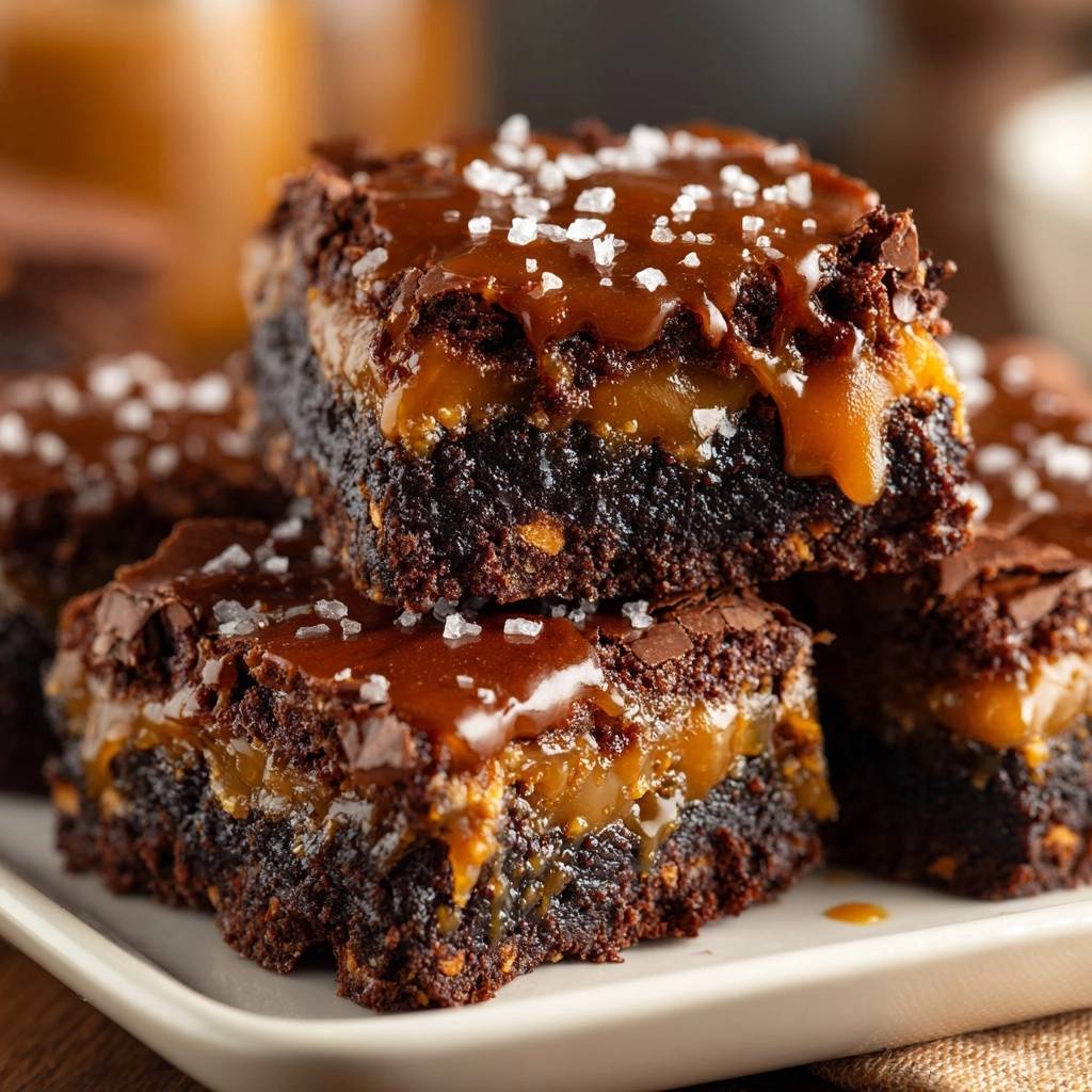 Salzkaramell Brownies Querschnitt Nahaufnahme 1 Salzkaramell-Brownies in Nahaufnahme: Ein saftiger Querschnitt zeigt die schokoladige Brownie-Basis, die cremige Karamellschicht und die salzigen Flocken.