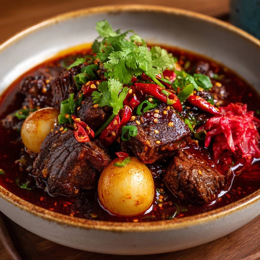 Scharfes Rindfleisch Curry Mit Kartoffeln Draufsicht 1 Scharfes Rindfleisch-Curry mit Kartoffeln in einer Schüssel, garniert mit frischem Koriander und Chili, von oben betrachtet.