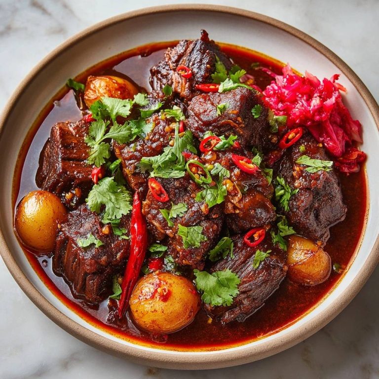 Scharfes Rindfleisch-Curry mit Kartoffeln aus der Vogelperspektive, serviert in einer rustikalen Schale, garniert mit frischem Koriander und Chili.