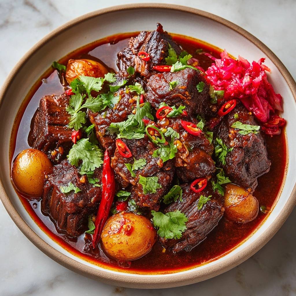 Scharfes Rindfleisch-Curry mit Kartoffeln aus der Vogelperspektive, serviert in einer rustikalen Schale, garniert mit frischem Koriander und Chili.