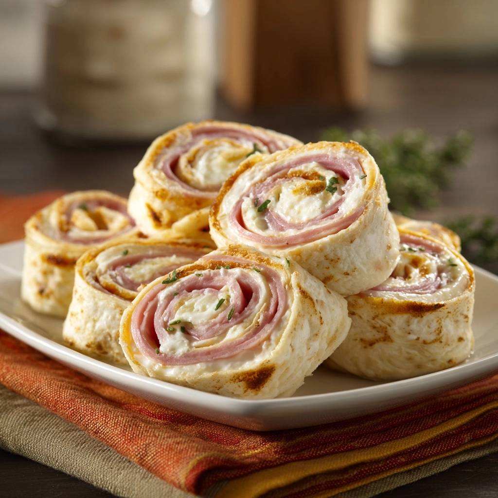 Schinken Kase Pinwheels Querschnitt 1 Schinken-Käse-Pinwheels zeigen hier ihren köstlichen Querschnitt, der die Schichten aus Schinken, Käse und Tortilla-Wrap offenbart.