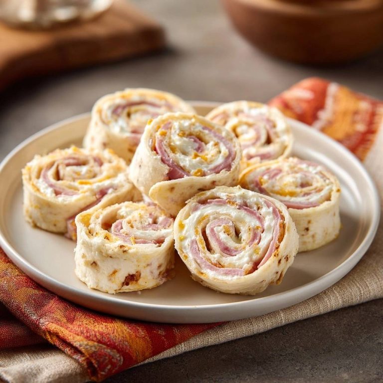 Schinken-Käse-Pinwheels zeigen hier ihren köstlichen Querschnitt, gefüllt mit cremigen Frischkäse und zarten Schinkenscheiben.