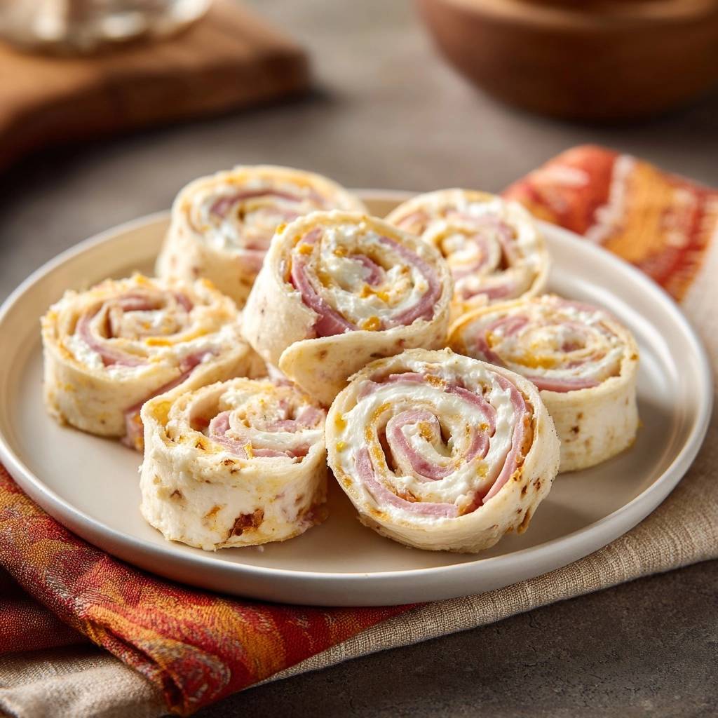 Schinken-Käse-Pinwheels zeigen hier ihren köstlichen Querschnitt, gefüllt mit cremigen Frischkäse und zarten Schinkenscheiben.