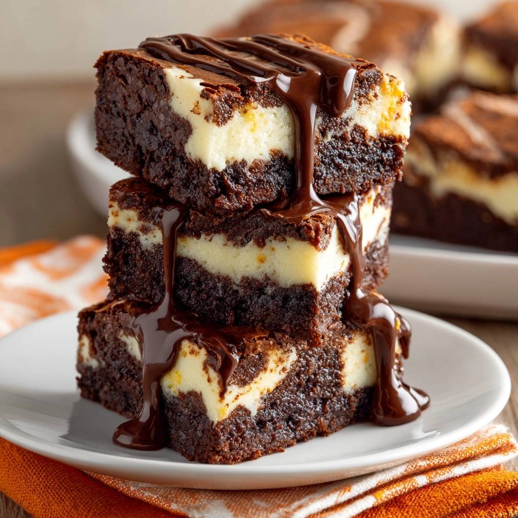 Schoko Cheesecake Brownies Querschnitt Mit Schokosauce 1 Schoko-Cheesecake-Brownies: Ein Nahaufnahme-Querschnitt zeigt die geschichteten Brownies mit cremigem Käsekuchen und Schokosauce.