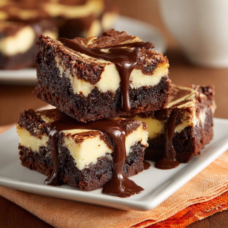 Schoko-Cheesecake-Brownies mit cremigem Käsekuchen-Swirl, angeschnitten und mit fließender Schokosauce beträufelt, serviert.