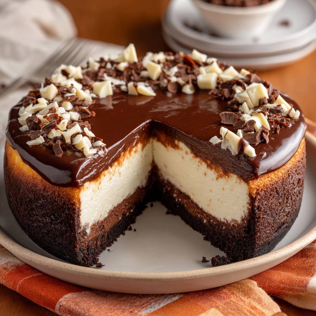 Schokoladen Kasekuchen Mit Ganache Querschnitt 1 Schokoladen-Käsekuchen mit Ganache zeigt einen Anschnitt, der die cremige Käsekuchenschicht und den Schokoladenboden offenbart.