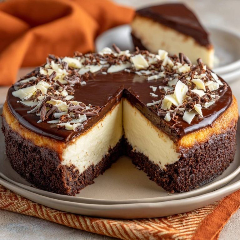 Schokoladen-Käsekuchen mit Ganache in Nahaufnahme mit angeschnittener Scheibe, die die cremige Textur zeigt und mit Schokostreuseln garniert ist.