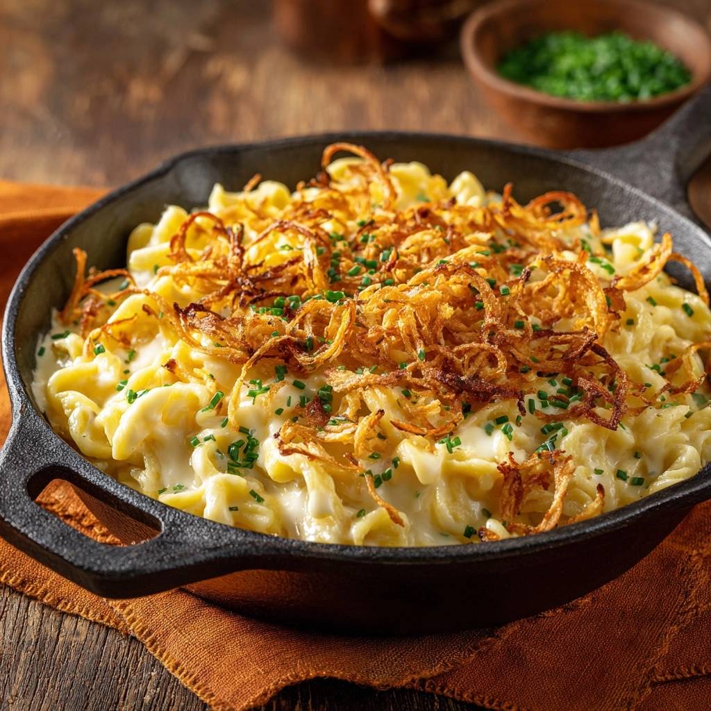 Schwaebische Kaesespaetzle Knusprige Zwiebeln Draufsicht 1 Schwäbische Käsespätzle, serviert in einer gusseisernen Pfanne, mit goldbraunen, knusprigen Zwiebeln und frischem Schnittlauch garniert.