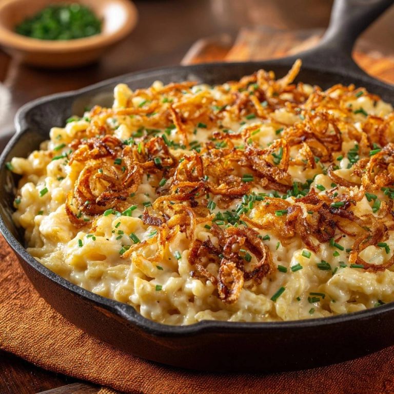 Schwäbische Käsespätzle, serviert in einer gusseisernen Pfanne, mit goldbraunen Röstzwiebeln und Schnittlauch garniert.