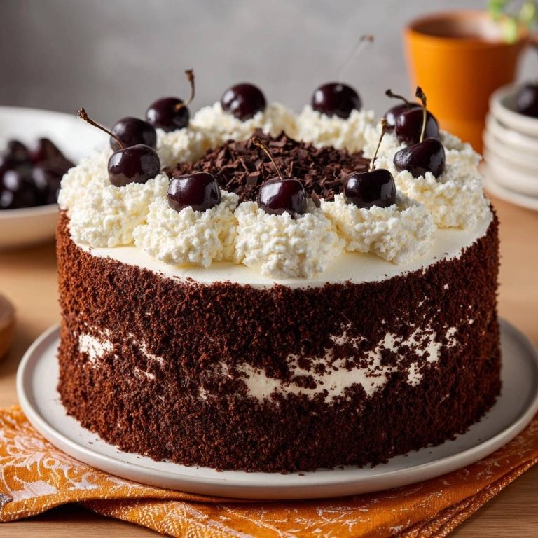 Schwarzwälder Kirschtorte, garniert mit frischen Kirschen und Schokoladenraspeln, präsentiert auf einem Teller. Dieser klassische Kuchen ist ein wahrer Genuss.