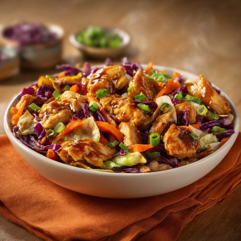 Sticky Teriyaki-Hähnchen mit knackigem Krautsalat serviert in einer Schüssel, garniert mit frischem Schnittlauch und dampfend.